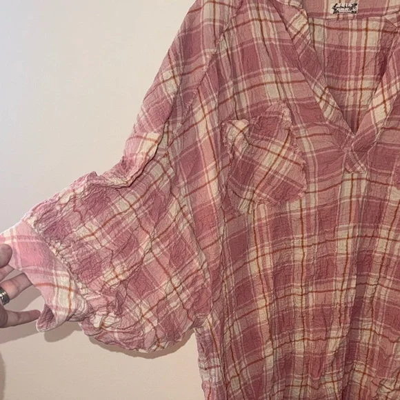 Free People Plaid Pink Women's Top Tunic size small oversized Bubble sleeve - Picture 3 of 5